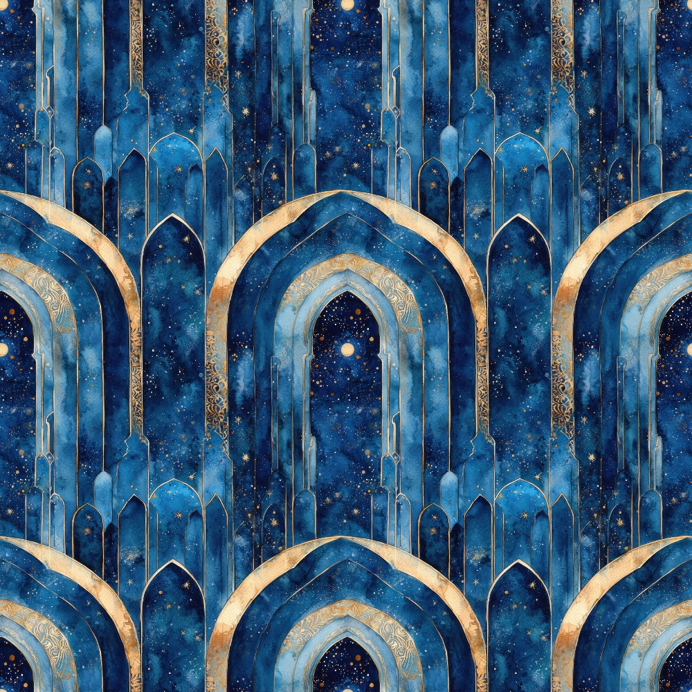 deep blue, navy blue, gold accents, starry night, celestial pattern, islamic arches, moorish architecture, ornate details, midnight sky, crescent moon, geometric pattern, arabian nights,, fabric panel, decorative borders, intricate design, nocturnal theme, architectural motifs, repeating pattern, cosmic elements