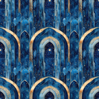 deep blue, navy blue, gold accents, starry night, celestial pattern, islamic arches, moorish architecture, ornate details, midnight sky, crescent moon, geometric pattern, arabian nights,, fabric panel, decorative borders, intricate design, nocturnal theme, architectural motifs, repeating pattern, cosmic elements