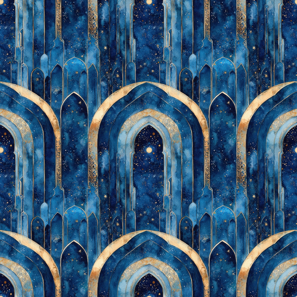 deep blue, navy blue, gold accents, starry night, celestial pattern, islamic arches, moorish architecture, ornate details, midnight sky, crescent moon, geometric pattern, arabian nights,, fabric panel, decorative borders, intricate design, nocturnal theme, architectural motifs, repeating pattern, cosmic elements
