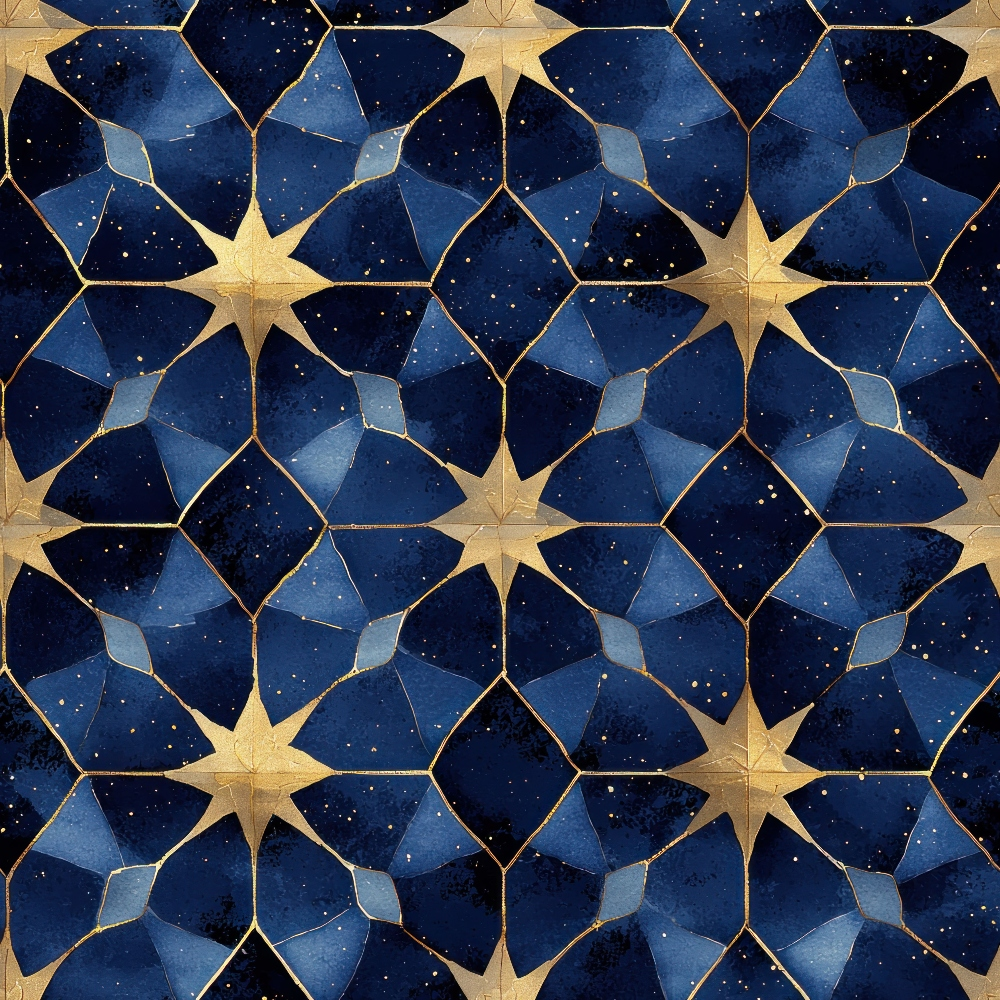 arabian midnight, geometric pattern, islamic motifs, star medallions, deep navy blue, royal blue, golden accents, metallic gold, starry night, celestial design, mosaic tiles, moorish architecture, repeating pattern,, fabric panel, luxurious feel, ornate details, symmetrical design, middle eastern inspired, decorative stars