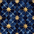 arabian midnight, geometric pattern, islamic motifs, star medallions, deep navy blue, royal blue, golden accents, metallic gold, starry night, celestial design, mosaic tiles, moorish architecture, repeating pattern,, fabric panel, luxurious feel, ornate details, symmetrical design, middle eastern inspired, decorative stars