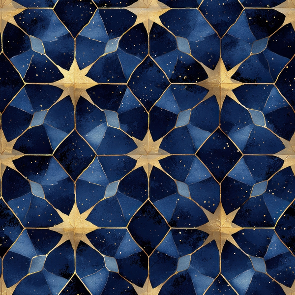 arabian midnight, geometric pattern, islamic motifs, star medallions, deep navy blue, royal blue, golden accents, metallic gold, starry night, celestial design, mosaic tiles, moorish architecture, repeating pattern,, fabric panel, luxurious feel, ornate details, symmetrical design, middle eastern inspired, decorative stars
