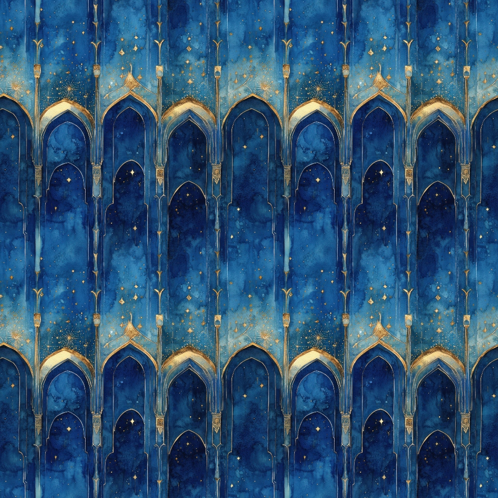 midnight blue, deep blue, gold accents, starry sky, islamic arches, moroccan architecture, pointed arches, celestial pattern, arabian nights, ornate columns, geometric design, repeating pattern,, fabric panel, mystical atmosphere, night sky, golden stars, architectural motifs, middle eastern style, cosmic theme