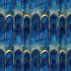 midnight blue, deep blue, gold accents, starry sky, islamic arches, moroccan architecture, pointed arches, celestial pattern, arabian nights, ornate columns, geometric design, repeating pattern,, fabric panel, mystical atmosphere, night sky, golden stars, architectural motifs, middle eastern style, cosmic theme