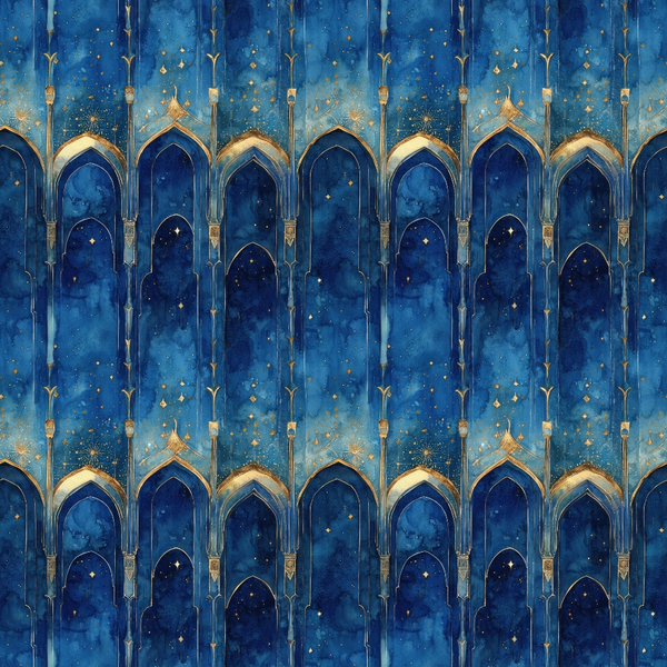 midnight blue, deep blue, gold accents, starry sky, islamic arches, moroccan architecture, pointed arches, celestial pattern, arabian nights, ornate columns, geometric design, repeating pattern,, fabric panel, mystical atmosphere, night sky, golden stars, architectural motifs, middle eastern style, cosmic theme