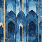 navy blue, midnight blue, gold accents, islamic arches, moorish architecture, starry night, celestial pattern, arabian nights, mosque silhouettes, geometric design,, fabric panel, mystical atmosphere, night sky, pointed arches, layered arches, decorative speckles, middle eastern, architectural motifs, dreamy blue tones