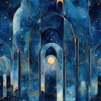 navy blue, midnight blue, gold accents, celestial design, arabian arches, islamic architecture, starry night, cosmic pattern, geometric shapes, mystical atmosphere,, fabric panel, ornate doorways, celestial bodies, deep blue tones, metallic gold, architectural elements, night sky motif, decorative arches, mystical design
