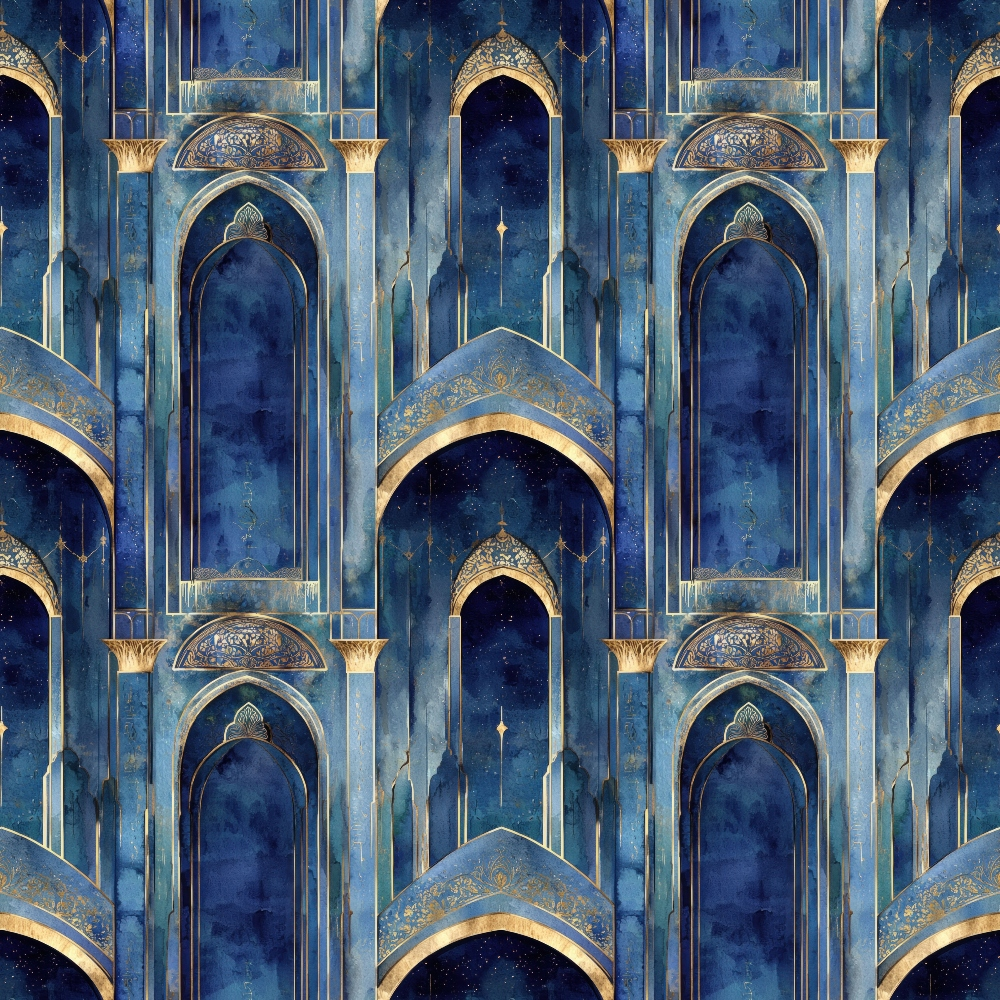 arabian architecture, midnight blue, deep navy, gold accents, ornate arches, islamic patterns, starry night, celestial motifs, repeating pattern,, fabric panel, middle eastern design, decorative columns, ornamental details, royal blue, geometric elements, arabian nights, luxurious fabric, architectural motifs