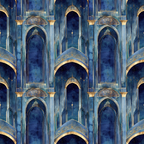 arabian architecture, midnight blue, deep navy, gold accents, ornate arches, islamic patterns, starry night, celestial motifs, repeating pattern,, fabric panel, middle eastern design, decorative columns, ornamental details, royal blue, geometric elements, arabian nights, luxurious fabric, architectural motifs
