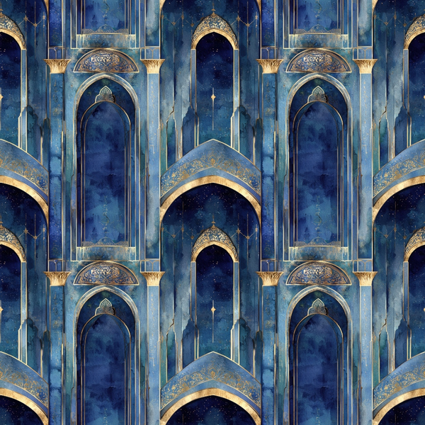 arabian architecture, midnight blue, deep navy, gold accents, ornate arches, islamic patterns, starry night, celestial motifs, repeating pattern,, fabric panel, middle eastern design, decorative columns, ornamental details, royal blue, geometric elements, arabian nights, luxurious fabric, architectural motifs