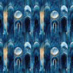 arabian architecture, midnight blue, navy blue, gold accents, starry night, celestial theme, arched doorways, islamic motifs, full moon, geometric patterns, mystical atmosphere,, fabric panel, middle eastern design, nocturnal scene, cosmic elements, ornate arches, dreamy mood, repeating pattern, astronomical motifs