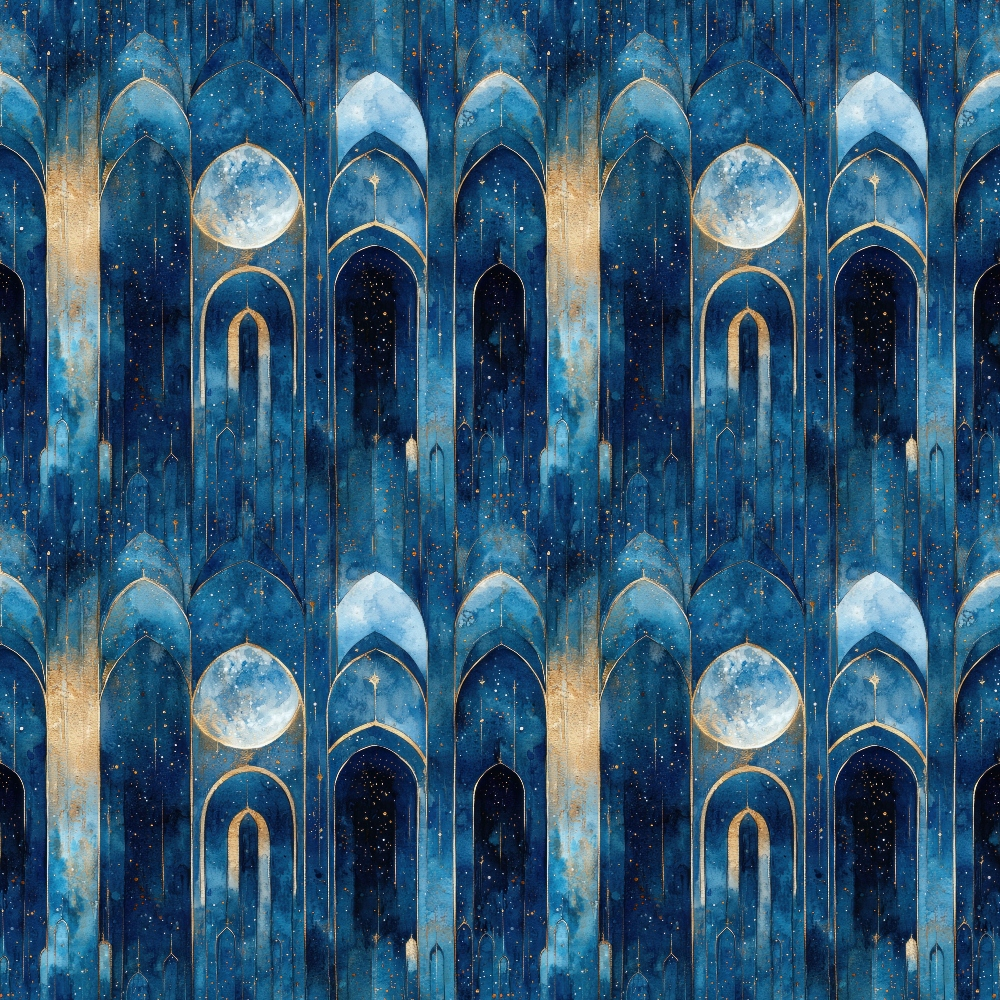 arabian architecture, midnight blue, navy blue, gold accents, starry night, celestial theme, arched doorways, islamic motifs, full moon, geometric patterns, mystical atmosphere,, fabric panel, middle eastern design, nocturnal scene, cosmic elements, ornate arches, dreamy mood, repeating pattern, astronomical motifs