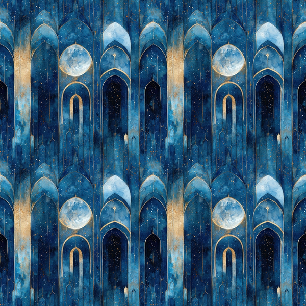 arabian architecture, midnight blue, navy blue, gold accents, starry night, celestial theme, arched doorways, islamic motifs, full moon, geometric patterns, mystical atmosphere,, fabric panel, middle eastern design, nocturnal scene, cosmic elements, ornate arches, dreamy mood, repeating pattern, astronomical motifs