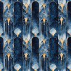 navy blue, midnight blue, gold accents, geometric pattern, arabian arches, islamic motifs, starry night, celestial design, ornate architecture, repeating pattern,, fabric panel, luxurious, elegant, middle eastern, decorative arches, geometric shapes, deep blue, metallic gold, sophisticated