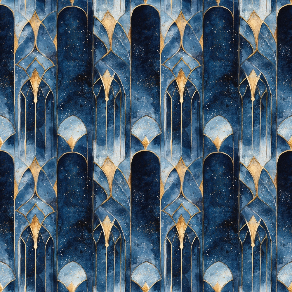 navy blue, midnight blue, gold accents, geometric pattern, arabian arches, islamic motifs, starry night, celestial design, ornate architecture, repeating pattern,, fabric panel, luxurious, elegant, middle eastern, decorative arches, geometric shapes, deep blue, metallic gold, sophisticated