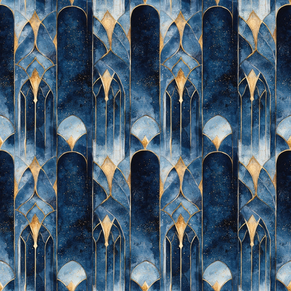 navy blue, midnight blue, gold accents, geometric pattern, arabian arches, islamic motifs, starry night, celestial design, ornate architecture, repeating pattern,, fabric panel, luxurious, elegant, middle eastern, decorative arches, geometric shapes, deep blue, metallic gold, sophisticated