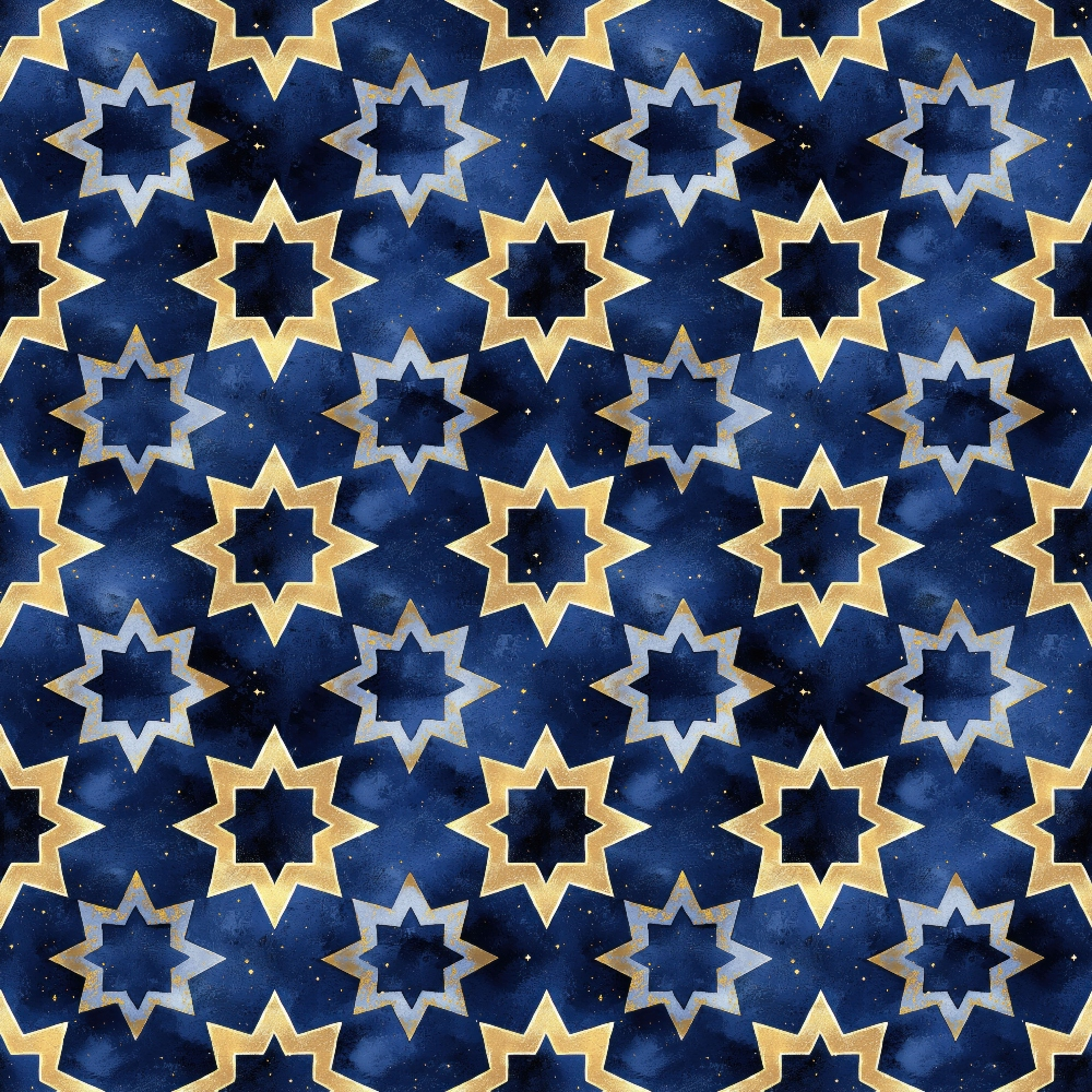 navy blue, midnight blue, gold, cream, star pattern, geometric design, islamic motifs, arabian style, repeating pattern, celestial theme,, fabric panel, starry night, ornamental design, tessellation, symmetrical pattern, decorative stars, middle eastern inspired, intricate geometry