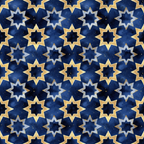 navy blue, midnight blue, gold, cream, star pattern, geometric design, islamic motifs, arabian style, repeating pattern, celestial theme,, fabric panel, starry night, ornamental design, tessellation, symmetrical pattern, decorative stars, middle eastern inspired, intricate geometry