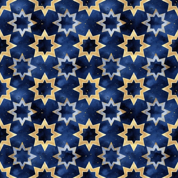 navy blue, midnight blue, gold, cream, star pattern, geometric design, islamic motifs, arabian style, repeating pattern, celestial theme,, fabric panel, starry night, ornamental design, tessellation, symmetrical pattern, decorative stars, middle eastern inspired, intricate geometry