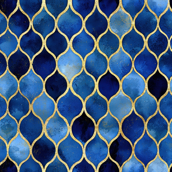 cobalt blue, navy blue, royal blue, gold accents, moroccan pattern, geometric design, ogee shapes, teardrop motifs, islamic architecture, ornate tilework, luxurious,, fabric panel, midnight theme, arabian style, intricate geometry, metallic gold, decorative pattern, mosaic design, jewel tones