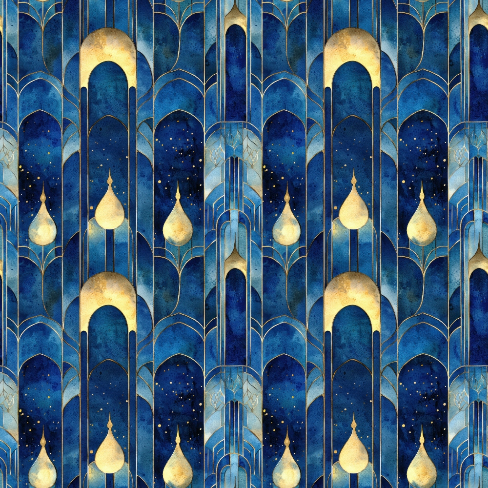 navy blue, deep blue, gold accents, starry night, geometric arches, arabian architecture, islamic patterns, midnight sky,, fabric panel, ornate design, celestial theme, decorative motifs, rich blues, golden details, repeating pattern, architectural elements, exotic style, luxurious feel