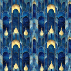 navy blue, deep blue, gold accents, starry night, geometric arches, arabian architecture, islamic patterns, midnight sky,, fabric panel, ornate design, celestial theme, decorative motifs, rich blues, golden details, repeating pattern, architectural elements, exotic style, luxurious feel