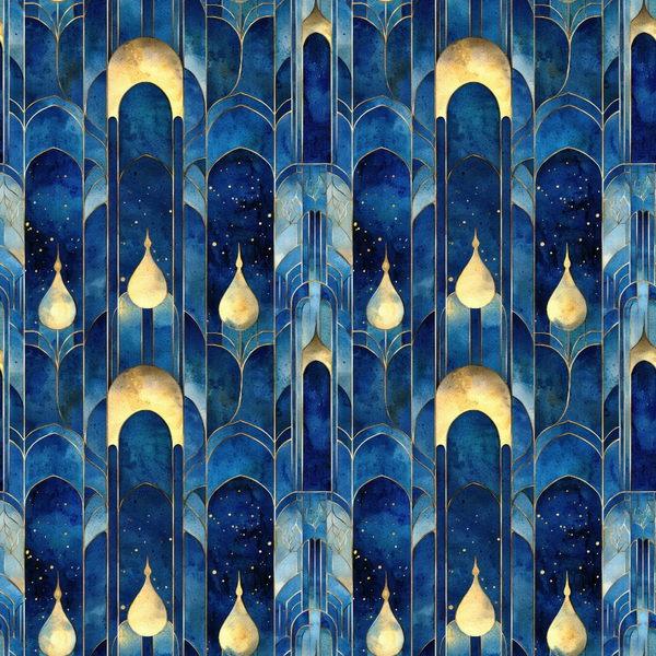 navy blue, deep blue, gold accents, starry night, geometric arches, arabian architecture, islamic patterns, midnight sky,, fabric panel, ornate design, celestial theme, decorative motifs, rich blues, golden details, repeating pattern, architectural elements, exotic style, luxurious feel