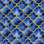 navy blue, royal blue, gold accents, moroccan pattern, quatrefoil design, geometric shapes, arabian motif, watercolor effect, islamic architecture, ornate pattern, repeating design,, fabric panel, midnight blue, decorative lattice, intricate geometry, flowing curves, luxurious appearance, oriental style, tessellation pattern