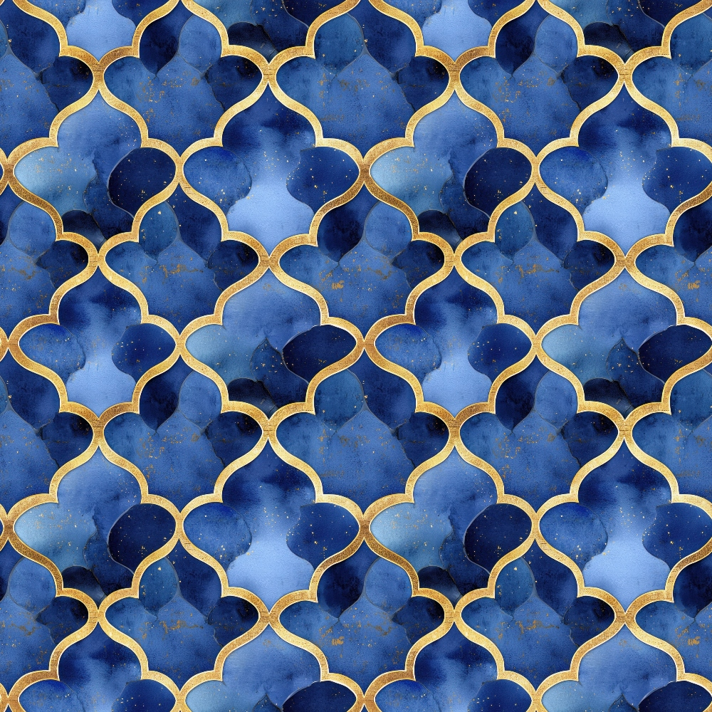 navy blue, royal blue, gold accents, moroccan pattern, quatrefoil design, geometric shapes, arabian motif, watercolor effect, islamic architecture, ornate pattern, repeating design,, fabric panel, midnight blue, decorative lattice, intricate geometry, flowing curves, luxurious appearance, oriental style, tessellation pattern