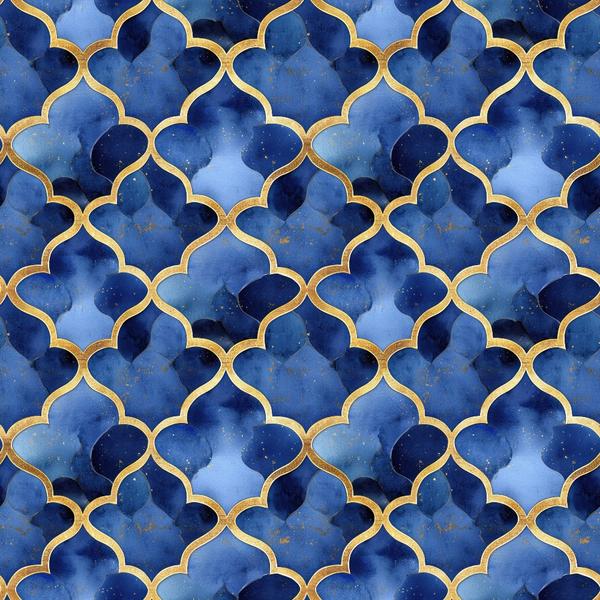 navy blue, royal blue, gold accents, moroccan pattern, quatrefoil design, geometric shapes, arabian motif, watercolor effect, islamic architecture, ornate pattern, repeating design,, fabric panel, midnight blue, decorative lattice, intricate geometry, flowing curves, luxurious appearance, oriental style, tessellation pattern