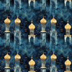 arabian architecture, mosque minarets, golden domes, navy blue, deep blue, starry night, celestial pattern, islamic design, middle eastern, ornate towers, spires, night sky, golden accents,, fabric panel, repeating pattern, architectural motifs, mystical atmosphere, geometric elements, decorative islamic art