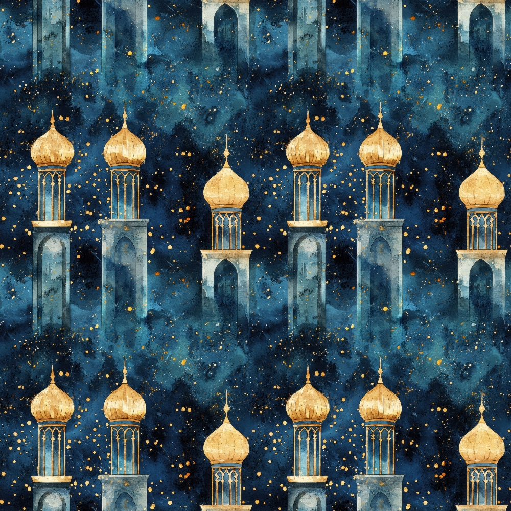 arabian architecture, mosque minarets, golden domes, navy blue, deep blue, starry night, celestial pattern, islamic design, middle eastern, ornate towers, spires, night sky, golden accents,, fabric panel, repeating pattern, architectural motifs, mystical atmosphere, geometric elements, decorative islamic art
