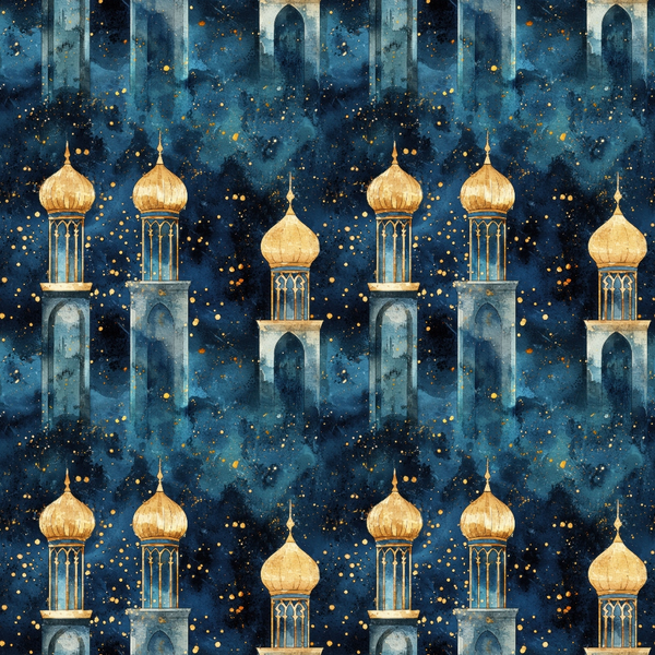 arabian architecture, mosque minarets, golden domes, navy blue, deep blue, starry night, celestial pattern, islamic design, middle eastern, ornate towers, spires, night sky, golden accents,, fabric panel, repeating pattern, architectural motifs, mystical atmosphere, geometric elements, decorative islamic art