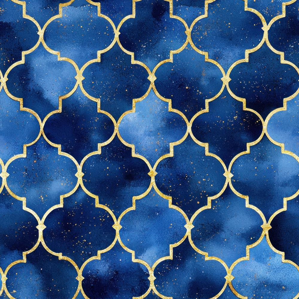 deep blue, navy blue, royal blue, gold, quatrefoil pattern, moroccan design, arabian style, geometric pattern, islamic motifs, starry night, celestial, watercolor effect, gradient shading, ornate design, luxurious,, fabric panel, midnight theme, decorative pattern, intricate lattice
