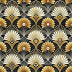 art deco, floral pattern, geometric flowers, black background, gold petals, cream colored, fan shapes, radiating design, stylized blooms,, fabric panel, vintage style, 1920s inspired, decorative motifs, repetitive pattern, luxurious feel, elegant design, botanical elements, sunburst pattern, ornamental flowers
