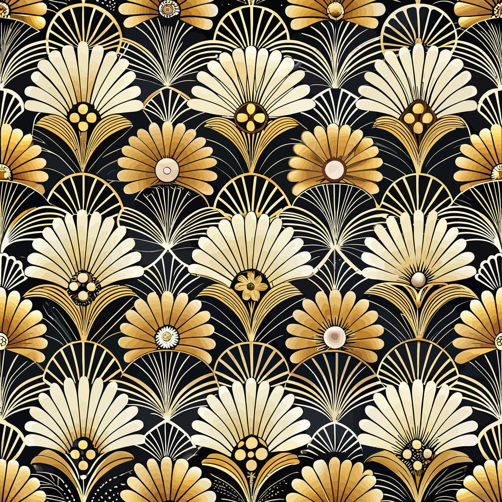 art deco, floral pattern, geometric flowers, black background, gold petals, cream colored, fan shapes, radiating design, stylized blooms,, fabric panel, vintage style, 1920s inspired, decorative motifs, repetitive pattern, luxurious feel, elegant design, botanical elements, sunburst pattern, ornamental flowers