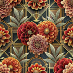 art deco, floral pattern, geometric lines, burgundy flowers, orange blooms, gold accents, sage green leaves, dark background, dahlia flowers,, fabric panel, vintage style, elegant florals, warm tones, repeating pattern, botanical design, luxurious feel, autumn colors, decorative motifs