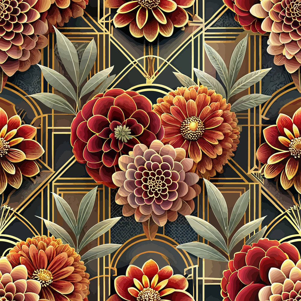 art deco, floral pattern, geometric lines, burgundy flowers, orange blooms, gold accents, sage green leaves, dark background, dahlia flowers,, fabric panel, vintage style, elegant florals, warm tones, repeating pattern, botanical design, luxurious feel, autumn colors, decorative motifs