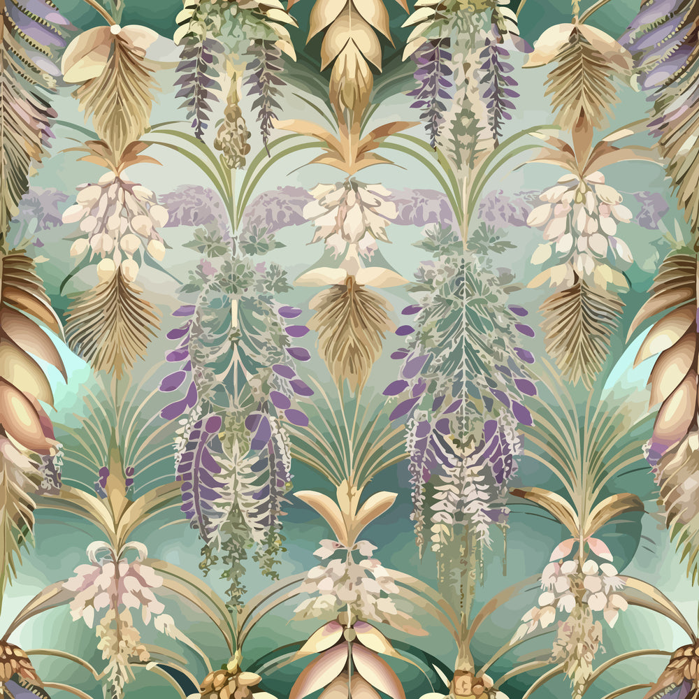 art deco, tropical florals, jade green, purple accents, cream flowers, gold leaves, palm fronds, wisteria blooms, geometric pattern, vintage botanical,, fabric panel, exotic plants, hanging flowers, stylized foliage, repeating motif, jewel tones, decorative florals, 1920s style, ornate design