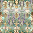 art deco, tropical florals, jade green, purple accents, cream flowers, gold leaves, palm fronds, wisteria blooms, geometric pattern, vintage botanical,, fabric panel, exotic plants, hanging flowers, stylized foliage, repeating motif, jewel tones, decorative florals, 1920s style, ornate design