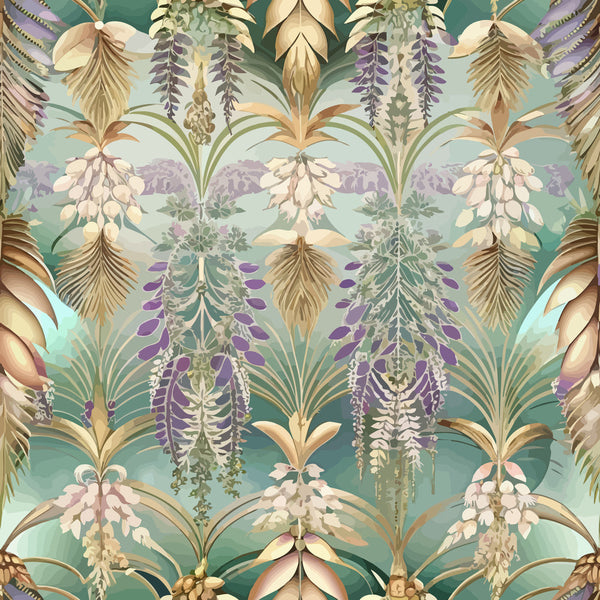 art deco, tropical florals, jade green, purple accents, cream flowers, gold leaves, palm fronds, wisteria blooms, geometric pattern, vintage botanical,, fabric panel, exotic plants, hanging flowers, stylized foliage, repeating motif, jewel tones, decorative florals, 1920s style, ornate design