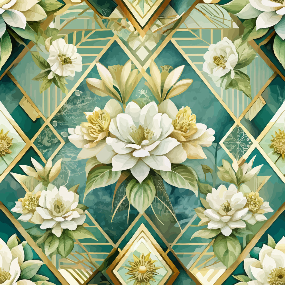 teal, gold, cream, white, geometric diamonds, art deco, floral motifs, lotus flowers, botanical leaves,, fabric panel, elegant pattern, luxurious design, vintage style, sophisticated, ornate details, layered florals, metallic accents, decorative borders