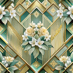 art deco, geometric patterns, emerald green, gold accents, cream white, floral motifs, roses, lilies, botanical elements, chevron designs, striped patterns, metallic details, diamond shapes, vintage style, elegant florals,, fabric panel, luxurious aesthetic, symmetrical design, ornate decoration