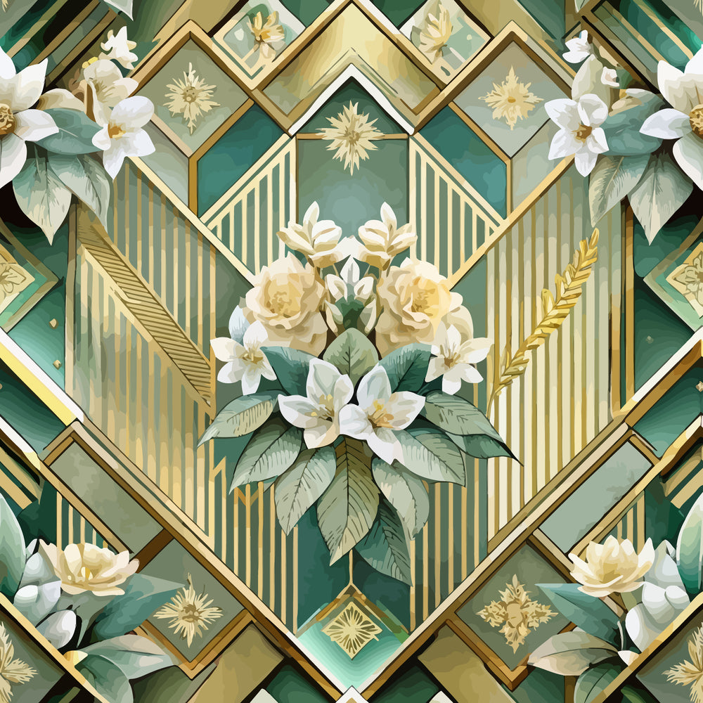 art deco, geometric patterns, emerald green, gold accents, cream white, floral motifs, roses, lilies, botanical elements, chevron designs, striped patterns, metallic details, diamond shapes, vintage style, elegant florals,, fabric panel, luxurious aesthetic, symmetrical design, ornate decoration