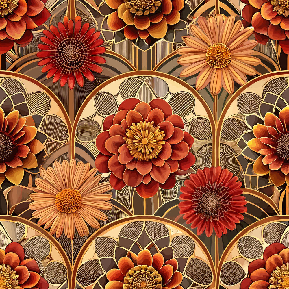 art deco, floral pattern,, fabric panel, geometric flowers, orange blooms, red flowers, peach petals, golden accents, brown background, vintage style, decorative circles, stylized florals, warm autumn colors, repeating motif, botanical design, retro aesthetic, ornamental pattern, crafting fabric, sewing material