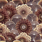 art deco, floral pattern, brown tones, beige hues, cream colors, geometric flowers, stylized blooms, fan motifs, radiating petals, vintage style,, fabric panel, repetitive design, ornate florals, decorative pattern, luxurious aesthetic, sophisticated motifs, layered petals, intricate details, warm palette