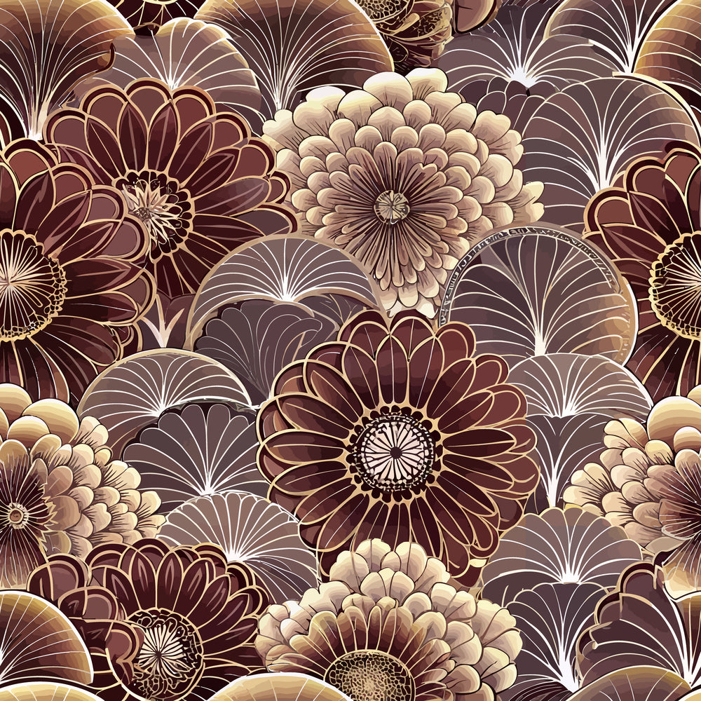 art deco, floral pattern, brown tones, beige hues, cream colors, geometric flowers, stylized blooms, fan motifs, radiating petals, vintage style,, fabric panel, repetitive design, ornate florals, decorative pattern, luxurious aesthetic, sophisticated motifs, layered petals, intricate details, warm palette