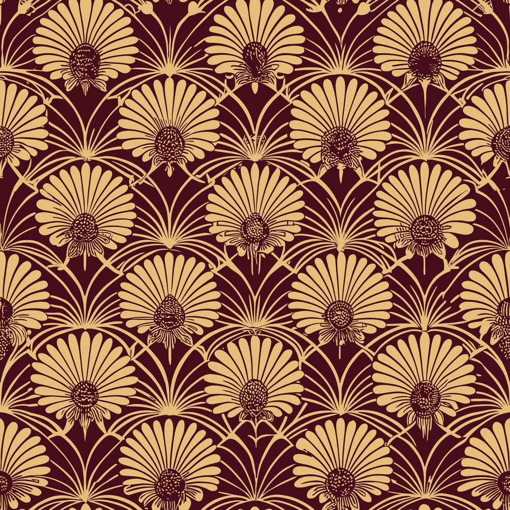 burgundy, gold, cream, art deco, floral pattern, stylized flowers, geometric design, repeating motif, vintage style,, fabric panel, elegant, sophisticated, retro, daisy flowers, ornamental, decorative pattern, rich colors, luxurious