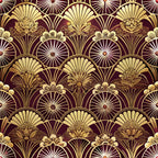 burgundy, gold, cream, art deco, fan motifs, scalloped pattern, geometric florals, radiating lines, ornate details, vintage style, repeating design, luxurious, elegant,, fabric panel, floral elements, decorative arches, symmetrical pattern, rich colors, stylized flowers