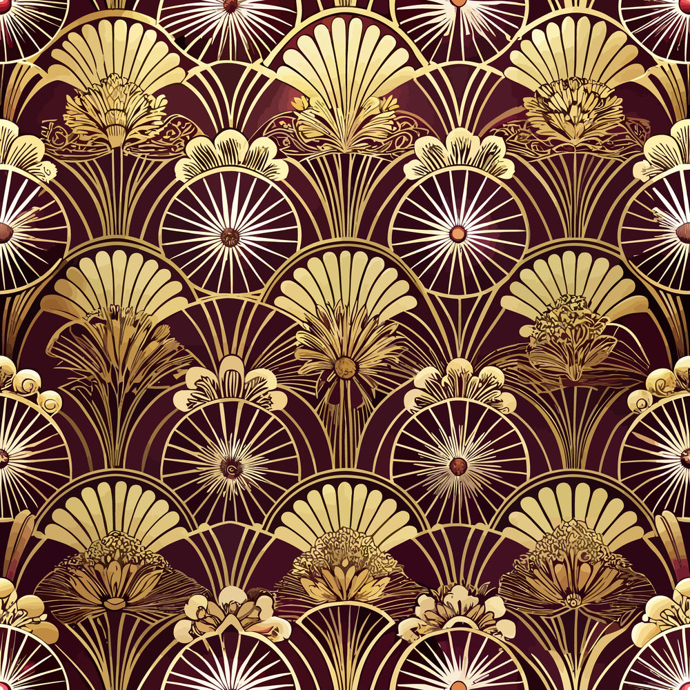 burgundy, gold, cream, art deco, fan motifs, scalloped pattern, geometric florals, radiating lines, ornate details, vintage style, repeating design, luxurious, elegant,, fabric panel, floral elements, decorative arches, symmetrical pattern, rich colors, stylized flowers